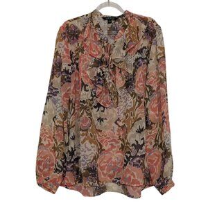 Lauren Ralph Lauren Floral Shirt Womens Size Large Beige Pink Ruffle Lace Up